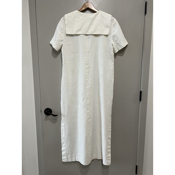 Vintage Statement Ivory Long Shirt Dress Sailor Collar ,side slit Button 12 - Picture 3 of 9